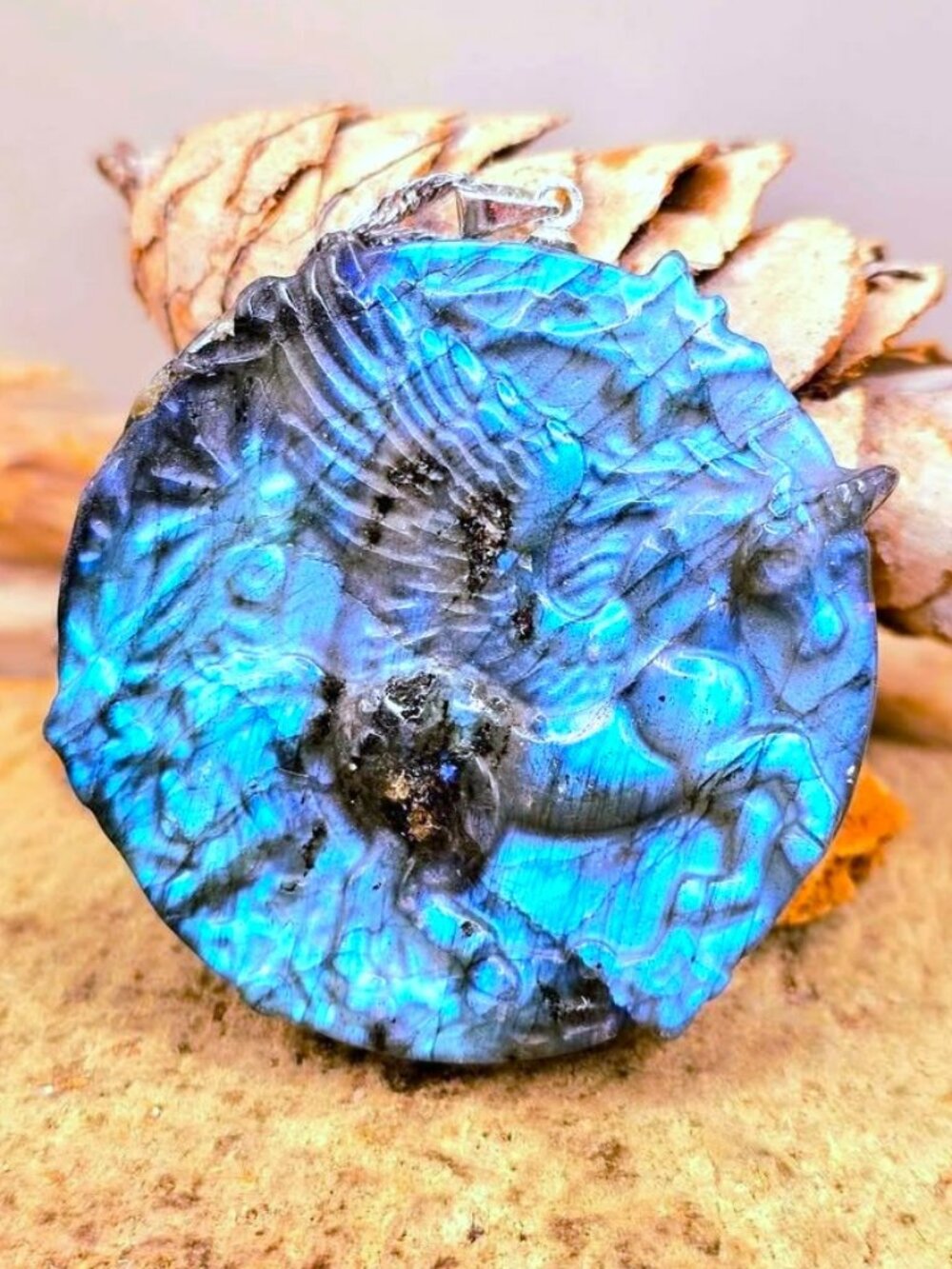 Natural Labradorite Pegasus Pendant • Strong Flash • 1.7" Flying Pegasus Carving